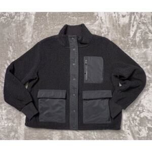 FLX Black Boucle Mixed Media Snap Front Fleece Lined Bomber Jacket Womens Size L